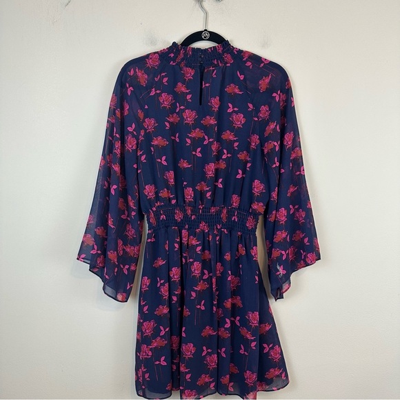 Rachel Roy | Navy Blue Pink Floral Bell Sleeve Cinched Waist Dress Size Medium - Picture 7 of 8